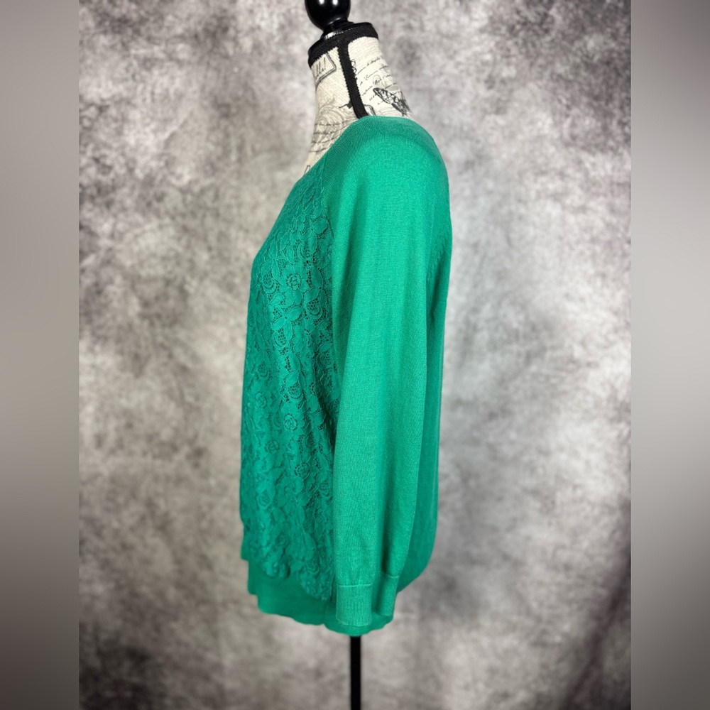 LOFT Vibrant Green Cotton w/Lace Overlay Knit Top Size L - Picture 6 of 9
